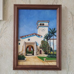 Santa Barbara Courthouse Original oil painting Framed artwork Californian landscape Handpainted Palm tree 12 x 8 in Gift for her or him
