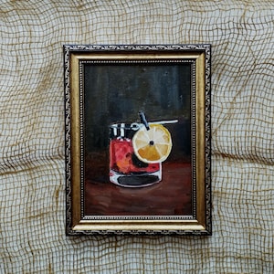 Koktajl Negroni Oryginalny obraz olejny 7x5 cali Staromodny koktajl Sztuka Bar Cart Dekoracja Martwa natura Malowany ręcznie koktajl Negroni Malowanie