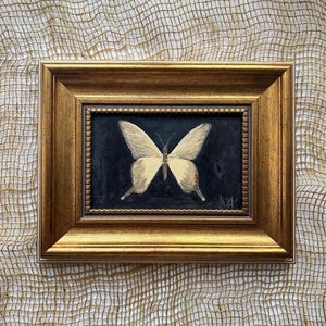 Puede incluir: Pintura enmarcada de una mariposa. La mariposa está pintada en tonos crema y dorado sobre un fondo negro. El marco es rectangular con acabado dorado. La obra de arte se exhibe sobre una superficie texturizada de color claro.