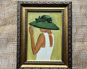 Woman with hat Original Oil Painting 5x7 Portrait Wall Art Boho Style