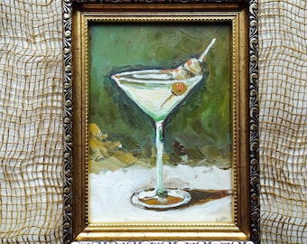 Dirty Martini Original Oil Painting, Hand-painted Cocktail Art Bar cart wall decor