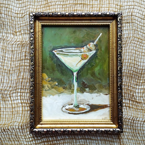 Peinture à l'huile originale de martini sale, décoration murale de chariot de bar d'art de cocktail peinte à la main