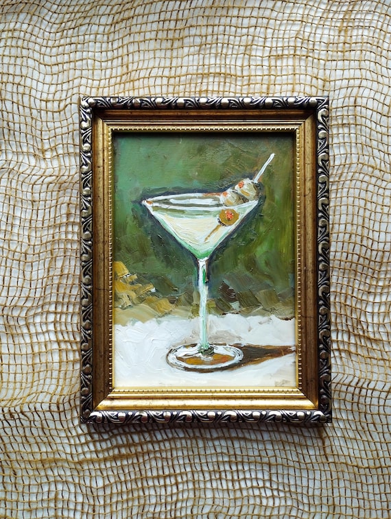 Dirty Martini Original Oil Painting, Hand-painted Cocktail Art Bar cart wall decor