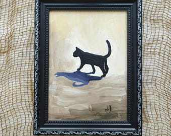 Black Cat Original Oil Painting Framed kitten art Hand-painted cat