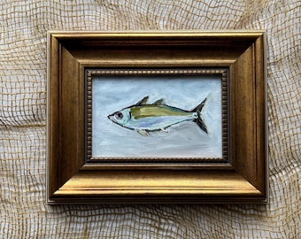Sardine painting Original oil artwork 4x6 in  Framed small fish art Lake house decor