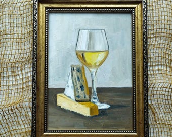 Käse und Wein Original Ölgemälde Bar Warenkorb Dekor Alkohol Wandkunst Cocktail Kunstwerk