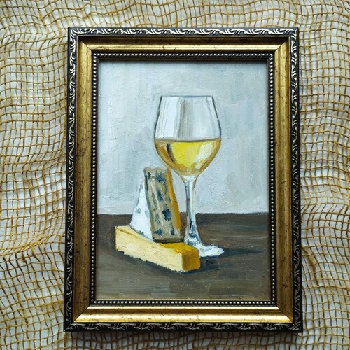 Fromage et vin Peinture à l'huile originale Décoration de chariot de bar Art mural alcool Oeuvre d'art cocktail