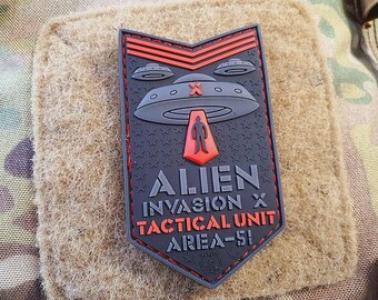 ALIEN INVASION X-Files, Tactical Unit Patch, AREA-51, red / 3D Rubber Patch