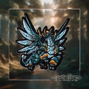 May include: An embroidered patch depicting a blue and gold dragon with its wings outstretched. The dragon has a fierce expression and sharp claws.
