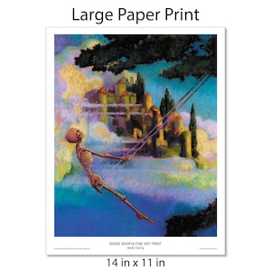May include: A large paper print of Marie Marfia's "Skelly Swing" artwork. The print features a skeleton swinging in front of a castle in the clouds. The print measures 14 inches by 11 inches.