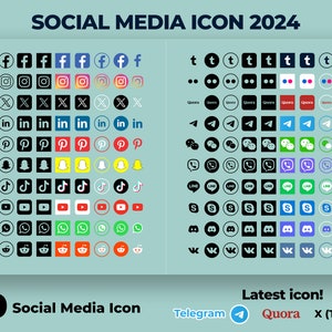 Actualización de iconos de redes sociales 2024 / SVG PNG PDF/ 200 logotipos de iconos / Facebook / Instagram / X Twitter / Linkedin / TikTok / Whatsapps / Telegram imagen 1