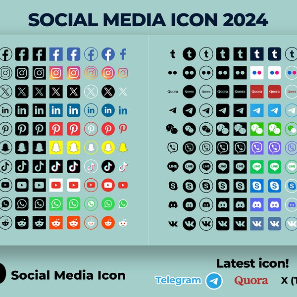 Social Media Icons Update 2024 | SVG PNG PDF| 200 Icon Logos | Facebook | Instagram | X (Twitter) | Linkedin | TikTok | Whatsapps | Telegram