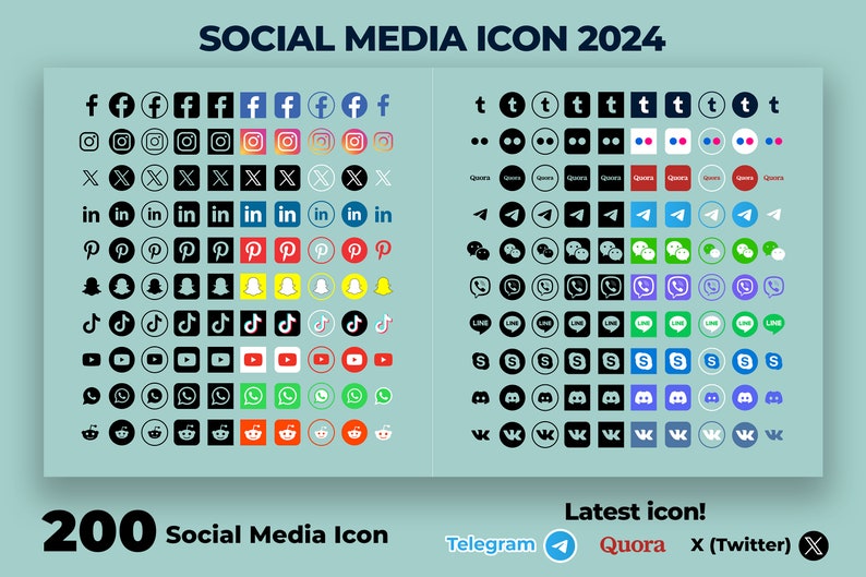 Actualización de iconos de redes sociales 2024 / SVG PNG PDF/ 200 logotipos de iconos / Facebook / Instagram / X Twitter / Linkedin / TikTok / Whatsapps / Telegram imagen 1