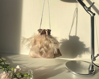 Mini Feathers Bag - Mini bag con piume - Mini Borsa borsetta da sera da polso - pouch da cerimonia in raso con piume