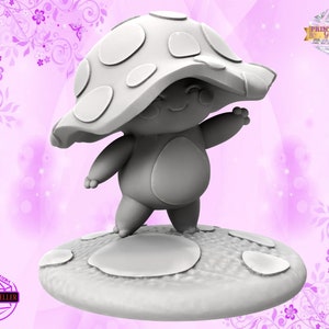 May include: A gray 3D printed figurine of a mushroom creature with a smiling face and a mushroom cap. The figurine is standing on a round base with a mushroom design.