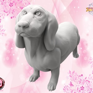 May include: A white 3D printed model of a basset hound dog with a pink floral background.