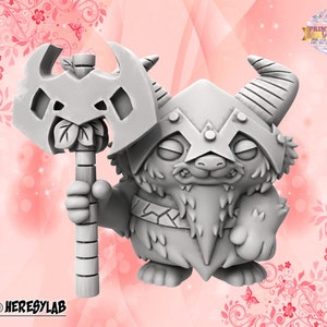 May include: A gray, 3D printed miniature of a furry creature wearing a helmet and holding a large axe. The creature has a long, pointed snout and a bushy beard. The axe has a leaf design on the blade.