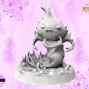 May include: A gray 3D printed miniature of a fire elemental with a grumpy expression. The elemental is standing on a round base with flames around its feet. The miniature is printed in a light gray color.