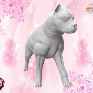 Puede incluir: Un modelo 3D impreso en blanco de un perro pitbull de pie sobre un fondo rosa con diseños florales.