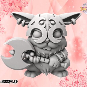 May include: A gray 3D printed figurine of a rabbit wearing a helmet with a stylized design and holding an axe. The rabbit has a fierce expression and is standing on a pink background with floral patterns.