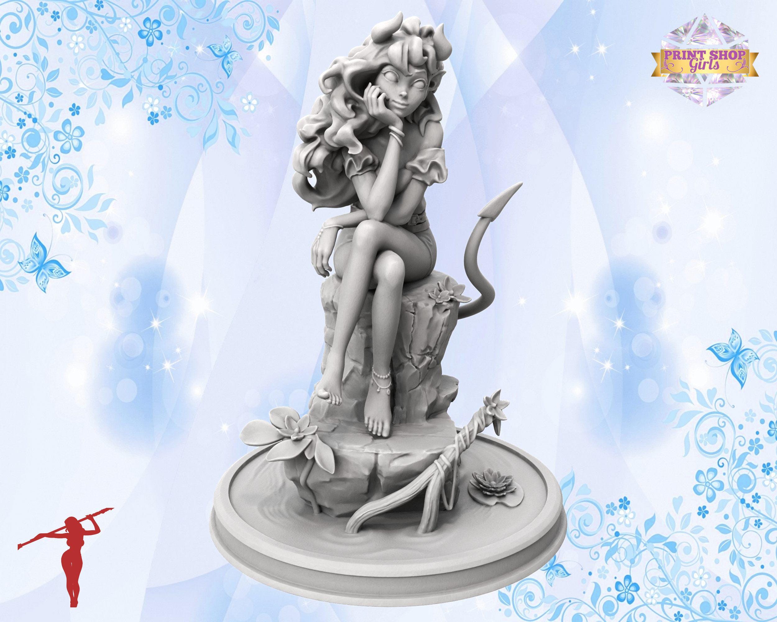 Pretty Tiefling Girl Miniature | Young Tiefling Figure | Magical Faerie and Forest | 3D Printing | for TTRPG's like DnD 5e and Pathfinder