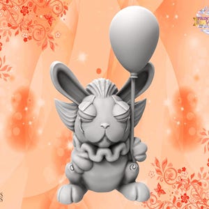 May include: A gray, rabbit-like creature with a clown-like collar holds a gray balloon. The creature has large ears and a sad expression. The background is a soft peach color with a floral pattern.