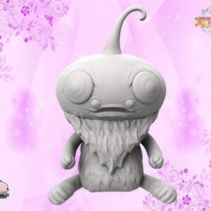 May include: A 3D printed grey figurine of a creature with large eyes, a long nose, and a furry beard. The creature is sitting with its legs crossed.