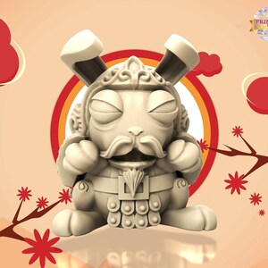 Puede incluir: Figura 3D de un conejo beige claro con bigote y tocado, sobre un fondo melocotón con nubes rojas y detalles florales. El conejo tiene los ojos cerrados. El logotipo de Print Shop Girls está en la parte superior derecha.