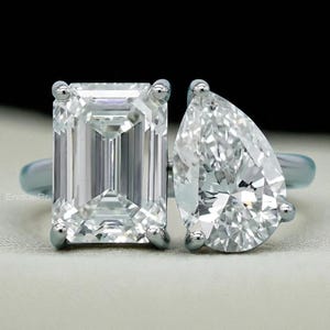 Toi et Moi Lab Grown Diamond Ring: Emerald & Pear 14K Gold Engagement Ring