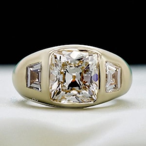 Cushion Cut Lab Diamond Three Stone Ring: 14K Yellow Gold Engagement & Wedding Ring
