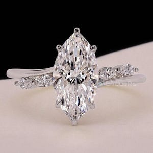 Marquise Cut Lab Grown Diamond Engagement Ring, Unique Hidden Halo White Gold Pave Band Lab Diamond Wedding Ring, Proposal Ring For Her