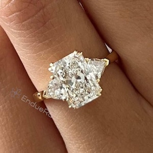 Radiant Cut Lab Grown Diamond Engagement Ring | Three Stone Trilogy Ring | Trillion Side Stones Ethical Proposal Ring for Women Gift For Her