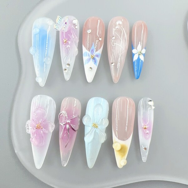 Freestyle Long Stiletto Press on Nails, Fake Nails, Bling Glossy 3D Spring Flower False Nail, Artificial Nails Finger Manicure, Flower Nails