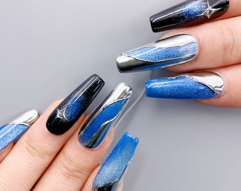 Blue Silver Black Coffin Press on Nails 3D Fake Nails Tips Full Cover False Nails for Women and Girls