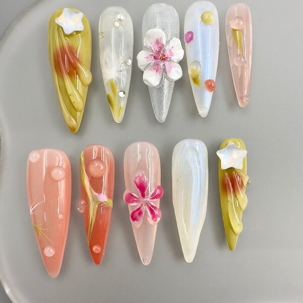 Handmade 3D Floral Press on Nails, Stiletto Shape Acrylic Nails - Customized Spring Floral Artwork for Trendy Nail Enthusiasts, Flower Nails