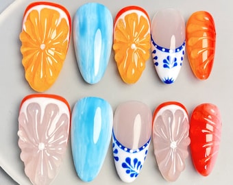 Prensa reutilizable en las uñas, uñas falsas de frutas de gel 3D divertidas, uñas falsas de artista, uñas coloridas, uñas premium, uñas de almendras de estilo libre hechas a mano