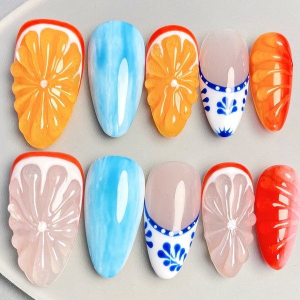 Prensa reutilizable en las uñas, uñas falsas de frutas de gel 3D divertidas, uñas falsas de artista, uñas coloridas, uñas premium, uñas de almendras de estilo libre hechas a mano