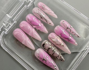 3D Gel Pink Stiletto Press on Nails, Handpainted Fake/False Nail, Event/Birthday/Holiday Nails Art, Goth/Gothic Nails, Handmade Y2K Nails
