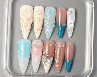 Free Style Holiday Nails, 3D Flowers and Butterfly Press on Nails, Colorful Nails, Spring Nails, French Elegant Nails, Handmade Y2K Nails