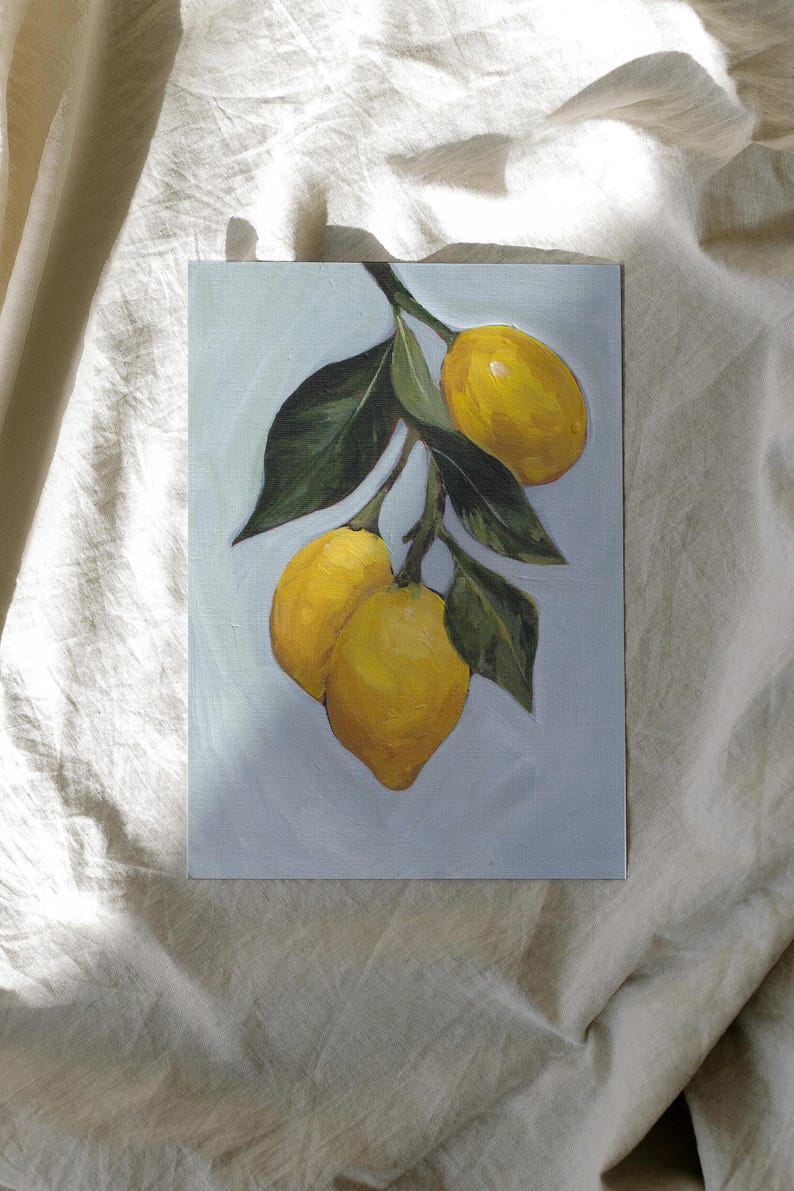 Vintage Illustration Citrus Artwork Lemon Branch Print Botanical Kitchen Wall Art Classic Fine Art Reproduction Acrylic Painting Technique Premium Matte Paper Archival Ink High Quality Yellow Fruit Minimal Chic Home Decor Elegant Dining
