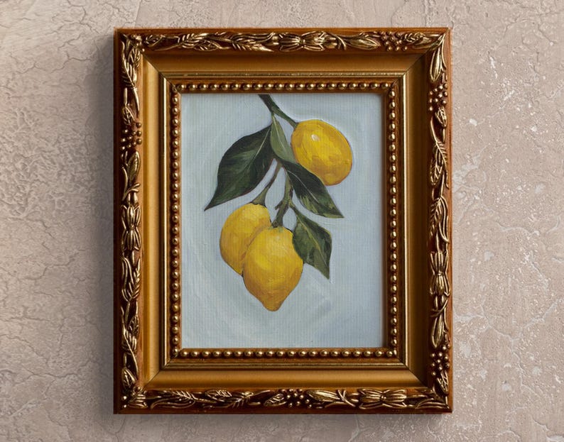 Lemon Branch Print Botanical Kitchen Wall Art Nature Painting Acrylic Technique Classic Fine Vintage Illustration Citrus Artwork Yellow Minimal Chic Elegant Space Archival Ink Premium Matte Photo Paper Bright Finish High Quality Home Decor