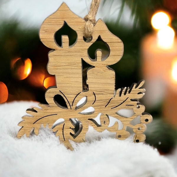 Christmas Xmas Tree Decoration - Wood Oak Rustic - Merry Christmas Ornament Decor Holly Berries - Boho Cherry Walnut Bauble Gift Present