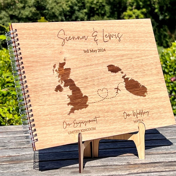 Wedding Guest Book Abroad , Oak wood Guestbook, Custom Personalised, Scrapbook Photo album, Foreign Destination UK Wedding Gift Present