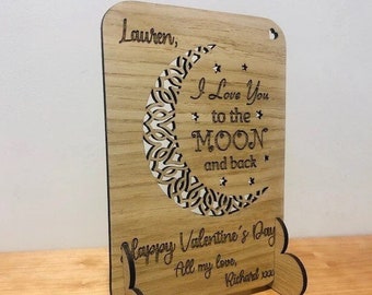 Personalised Valentines Card 'Love you to the moon and back' Wood Engraved Valentine's Day Gift Present Boyfriend Girlfriend Husband Wife