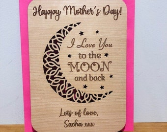 Wooden Card Personalised 'Love you to the Moon and Back' for Mothering Sunday / Happy Mother's Day - For Mum, Mummy, Mam