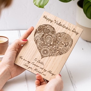 Personalised Valentine's Card Heart Wood Engraved Card Special Handmade wooden card Husband, Wife, Fiance, Girlfriend Valentines Day image 1
