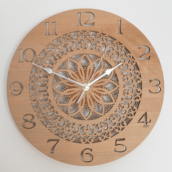 Handmade Wooden Mandala Silent Wall Clock Up to 90cm in Oak, Walnut or Cherry - Silver or Gold Hands