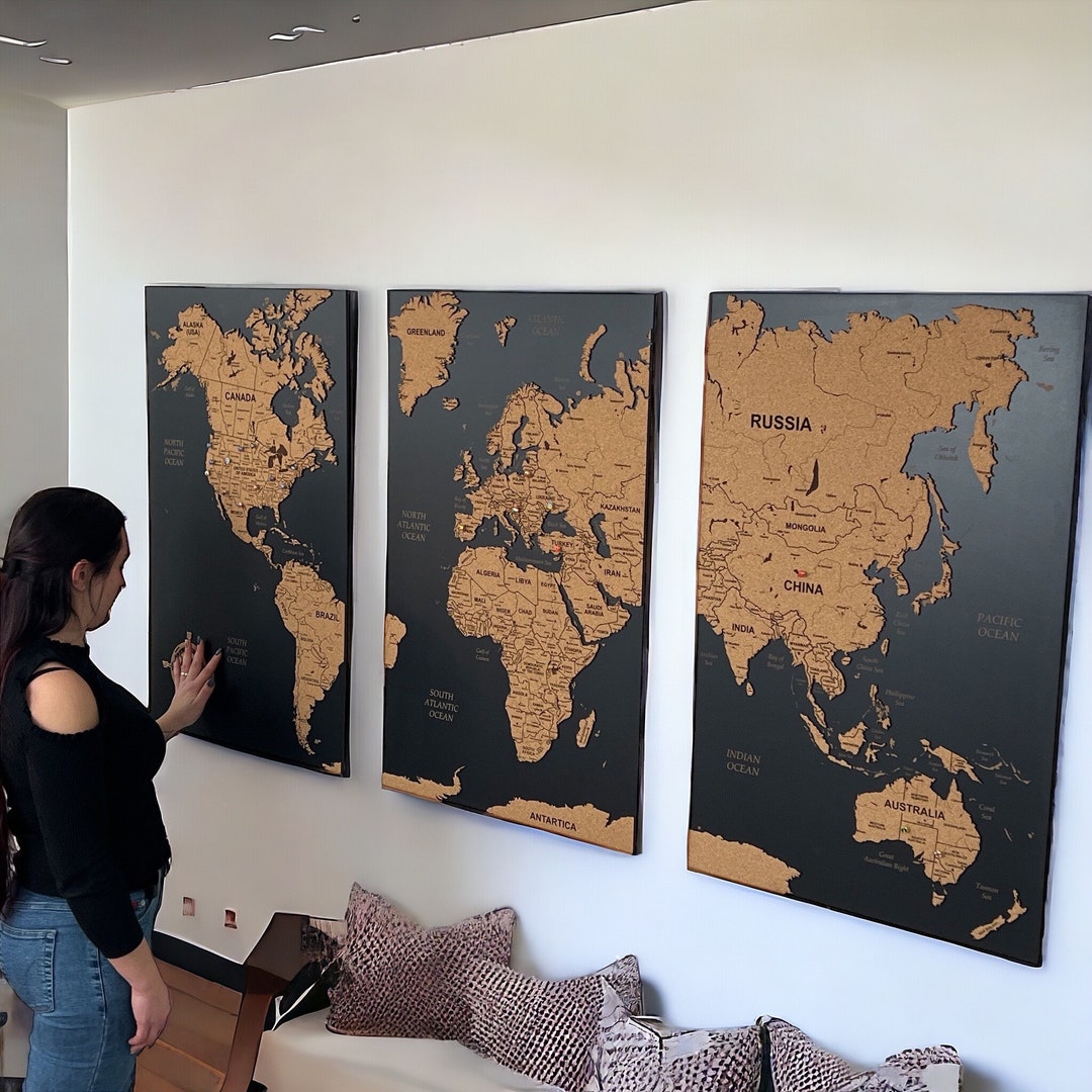 World Map Cork Push Pin Wall Art Map, Oak Wood or Cork Board Wooden ...
