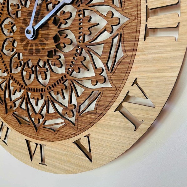 Handmade Wooden Silent Two-tone Wall Clock Up to 90cm in Oak, Walnut or Cherry - Silver or Gold Hands