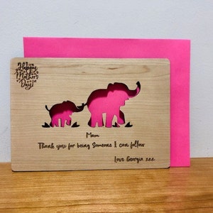 Personalised Wooden Mummy Elephant & Baby 'Happy Mother's Day' Oak/Cherry/Walnut Card Never Forget